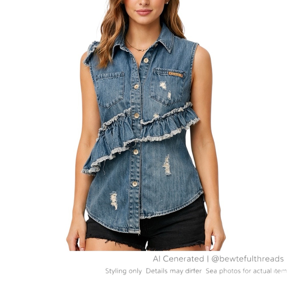 GUESS Medium Fit Utility Denim Ruffle Vest Tag 16 Y2K Indie Sleaze